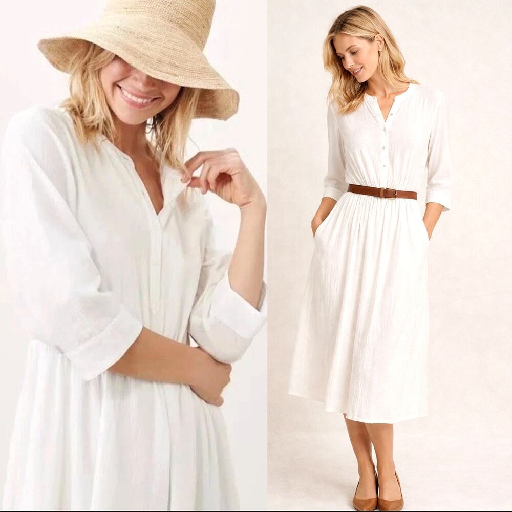Jenni Kayne XS White Cotton $398 Seersucker Shirt Dress Midi Long Sleeve Belt